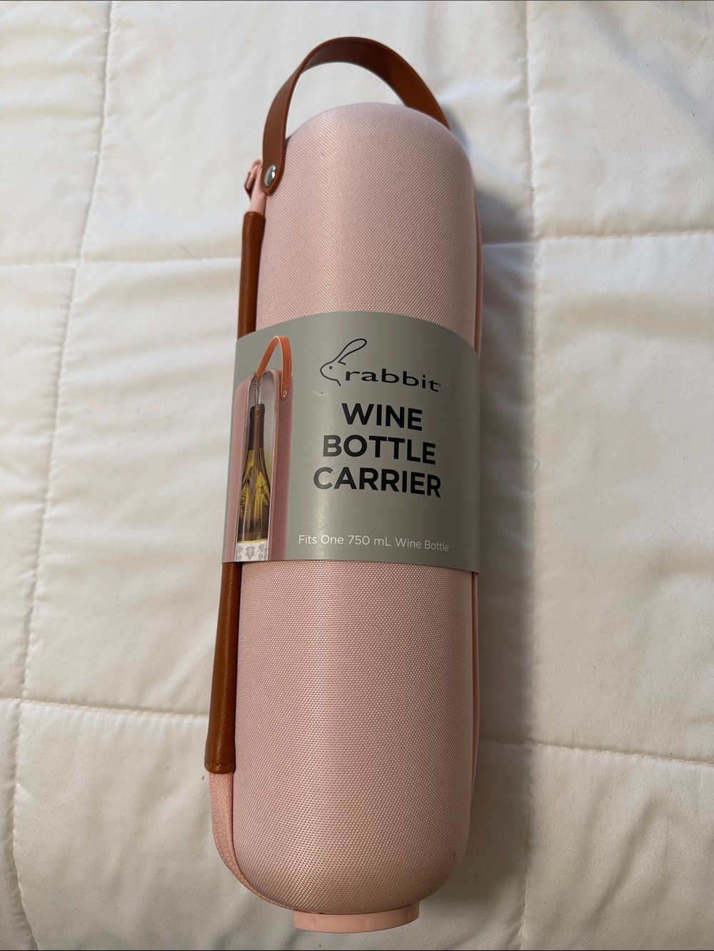 NWT- RABBIT-Wine Bottle Carrier with Brown Handle. Holds 1750 mL wine bottle.